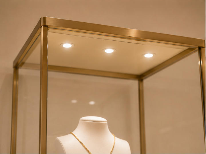 Mixed-Height Gold and White Jewelry Display Console | Tower + Case Set 9 Tall tower and low case jewelry display arrangement